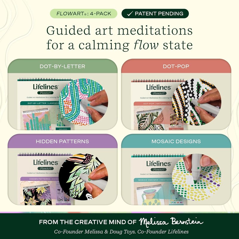 LifeLines FlowArt Activity Pad, 4-Pack - Guided Art Meditations with Markers - Color by Number/Letter, Dot Art and More Coloring Books for Teens, Adults & Seniors - Image 2